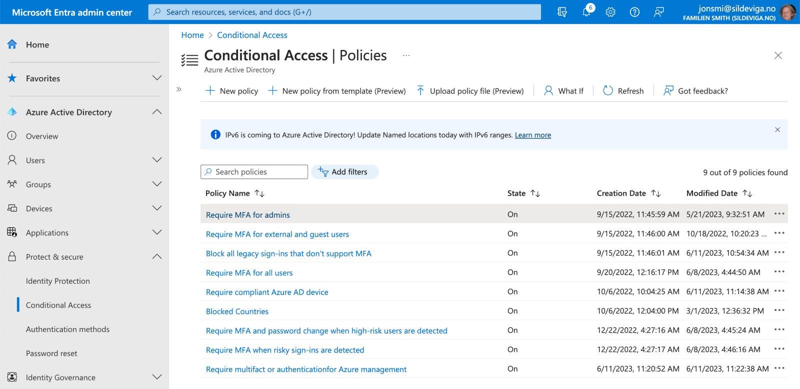 Bilde av betinget tilgang policies i en Microsoft tenant